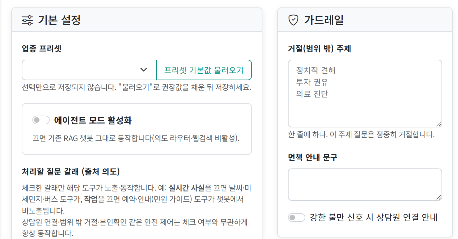 관리자 화면 — AI 에이전트 설정의 가드레일. 거절할 범위 밖 주제 목록, 면책 안내 문구, 상담원 연결 안내 토글